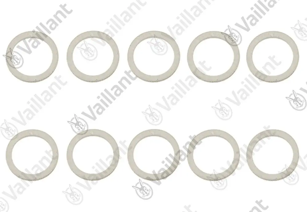 Zehn runde Dichtungsringe in hellem Material, angeordnet in zwei Reihen. Produkt von Vaillant, geeignet für Heizungs- oder Sanitäranwendungen.